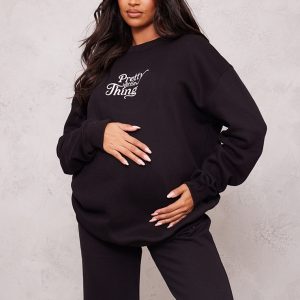 PRETTYLITTLETHING Maternity Black Embroidered Oversized Sweatshirt