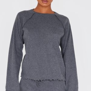 Dark Grey Ribbed Oversized Seam Detail Long Top