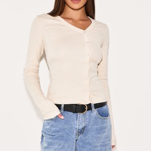 Oatmeal Button Down Asymmetric Long Top