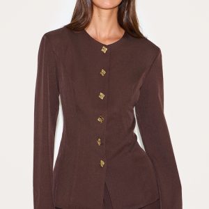 Deep Chocolate Gold Trim Cinched Waist Blazer