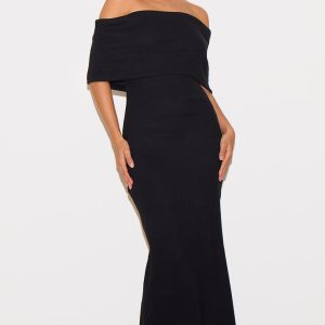 Black Heavy Brushed Rib Sleeveless Bardot Maxi Dress
