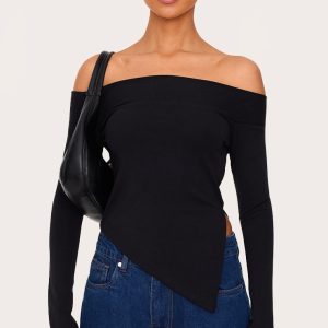Black Premium Soft Touch Fold Bardot Asymmetric Top