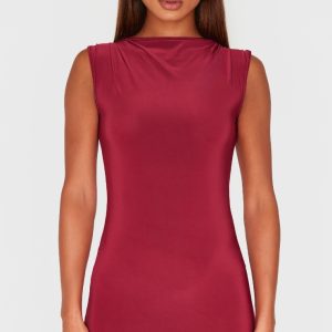 Burgundy Slinky High Neck Ruched Mini Dress