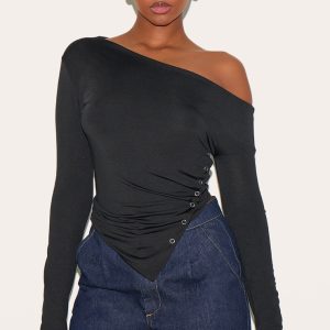 Black Slinky Asymmetric Neck Popper Detail Long Sleeve Top