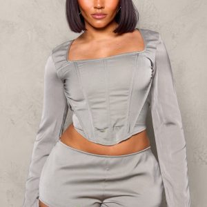 Shape Grey Woven Boning Detail Long Sleeve Corset