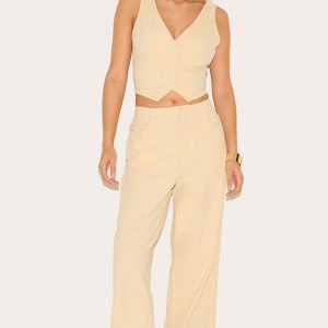 Butter Yellow Linen Look Mid Rise Wide Leg Trouser
