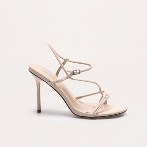 Cream Wide Fit Pu Strappy Asymmetric Buckle High Stiletto Heeled Sandals
