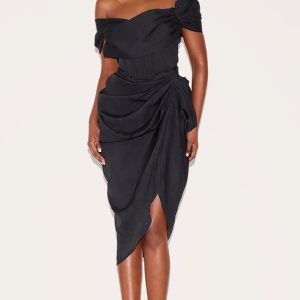 Black Corset Bardot Draped Midi Dress