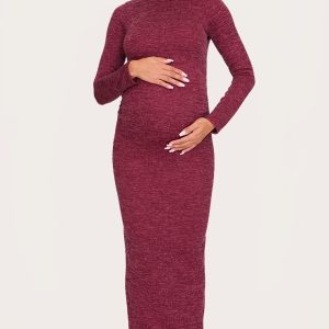 Maternity Burgundy Rib Ruched Maxi Dress