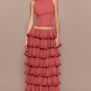 Blush Rose Chiffon Tiered Frill Maxi Skirt
