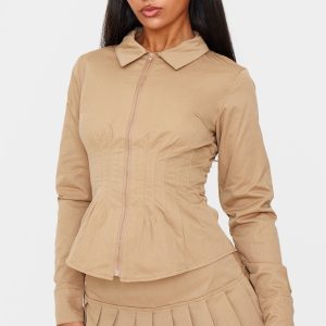 Tan Zip Front Fitted Long Sleeve Jacket
