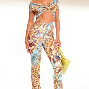 Multi Abstract Snake Print Double Layer Slinky Twist Flare Trousers