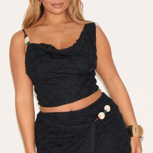 Shape Black Textured Wrap Over Beaded Trim Mini Skirt