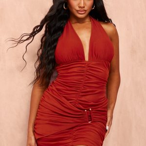 Orange Mesh Halterneck Ruched Bodycon Dress
