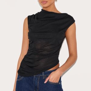 Black Burnout Mesh Asymmetric Hem Long Top