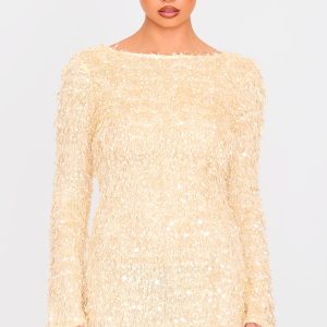 Butter Cream Textured Eyelash Long Sleeve Cowl Back Bodycon Dress