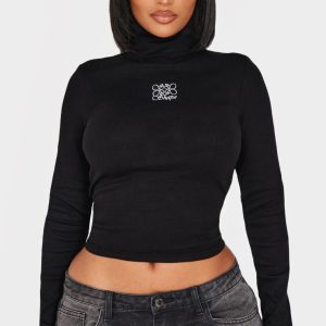 Shape Black Swirl Logo Ribbed Long Sleeve Roll Neck Top