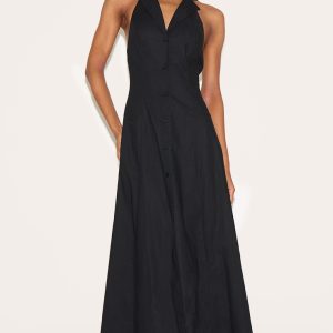 Black Button Down Collar Detail Maxi Dress