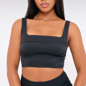 Black Tailored Woven Seam Detail Straight Neck Crop Top