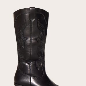 Black Pu Point Toe Western Calf High Boots