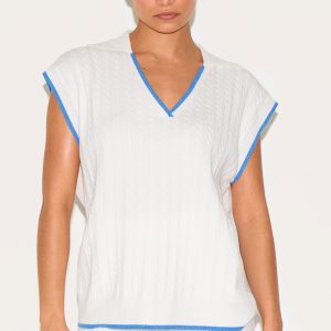 Petite Cream Knitted Collared V Neck Top