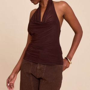 Chocolate Double Layer Slinky Backless Trim Detail Long Top