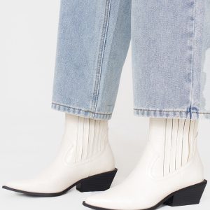 White Croc PU Point Toe Low Block Heel Western Ankle Boots