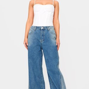 Petite Mid Blue Wash Denim Contrast Panel Wide Leg Jeans