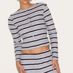 Grey Brushed Rib Striped Long Sleeve Button Up Top