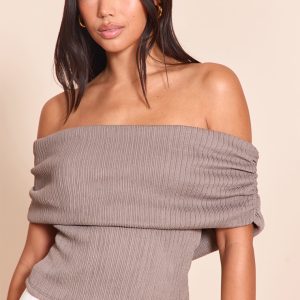 Mushroom Textured Bardot Fold Over Detail Long Top