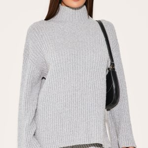 Ash Grey Rib Boucle Knit Oversized Jumper