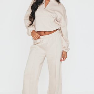 Beige Seam Detail Wide Leg Jogger