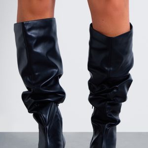 Black PU Wide Fit Gathered Low Heel Knee High Boots