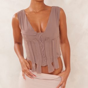 Taupe Woven Lace Up Fray Detail Corset
