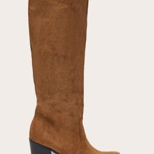 Tan Faux Suede Square Toe High Block Heel Knee High Boots