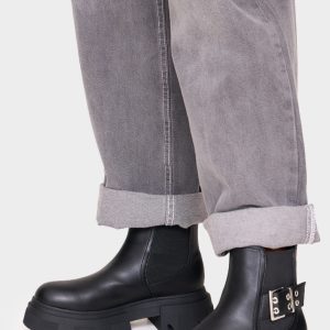 Black PU Round Toe Silver Buckle Chunky Sole Ankle Boots