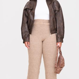 Plus Taupe Soft Knit Wide Leg Trousers