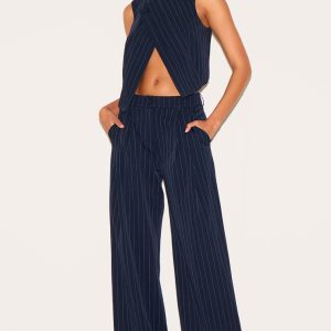 Dark Blue Tailored Woven Stripe Mid Rise Wide Leg Trousers