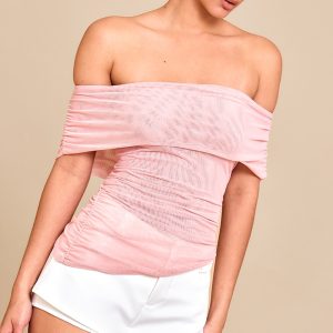 Pale Rose Mesh Foldover Ruched Bandeau Top
