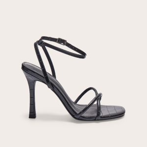 Black PU Croc Square Toe Barely There High Heeled Sandals