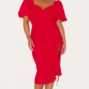 Plus Red Puff Sleeve Ruched Split Side Midi Dress
