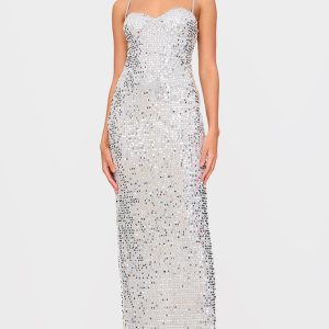 Silver Sequin Strappy Corset Detail Maxi Dress