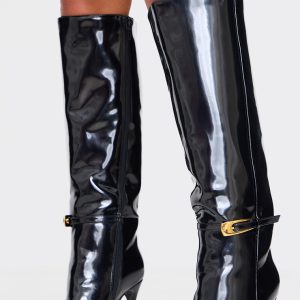 Black Patent PU Wide Fit Point Toe Knee High Stiletto Heeled Boots