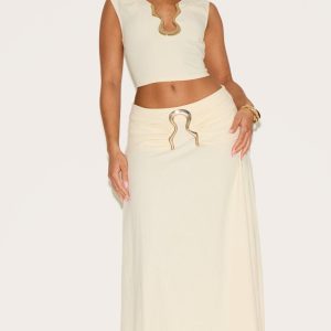 Shape Cream Linen Look Fold Gold Wave Trim Maxi Skirt