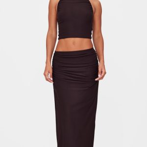 Dark Brown Soft Touch Mid Rise Maxi Skirt