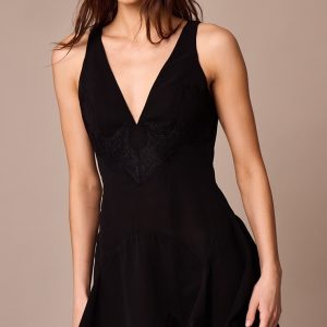 Black Chiffon Sheer Lace Trim Plunge Bodycon Dress