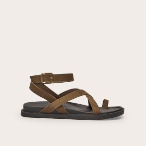 Stone Faux Suede Round Toe Ankle Strap Footbed Sandals