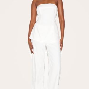 White Woven Tailored Longline Bandeau Flared Jumpsuit