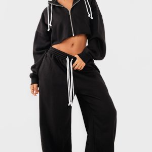 Petite Black Contrast Drawstring Wide Leg Joggers