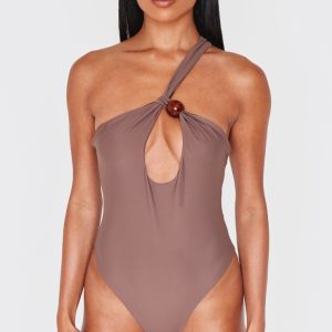 Chocolate Bead Detail One Shoulder Cut Out Swimsuit